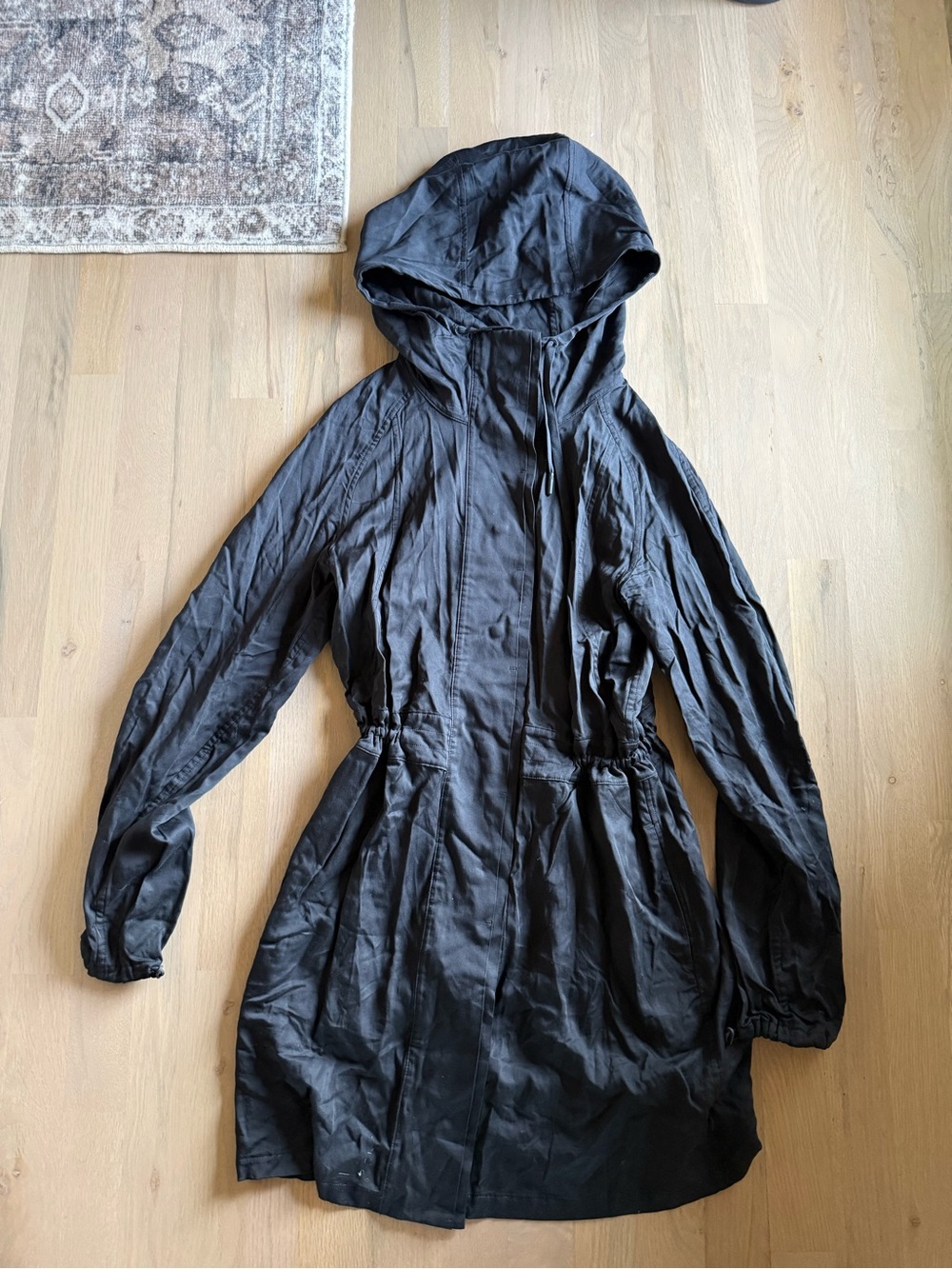 lululemon athletica Black Hooded Trench Coat - tencel/lyocell fabric